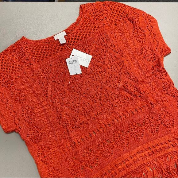 Chico's Alana Fringe Pullover Crochet Short Sleeve Sweater Uptown Orange NEW - Picture 1 of 5